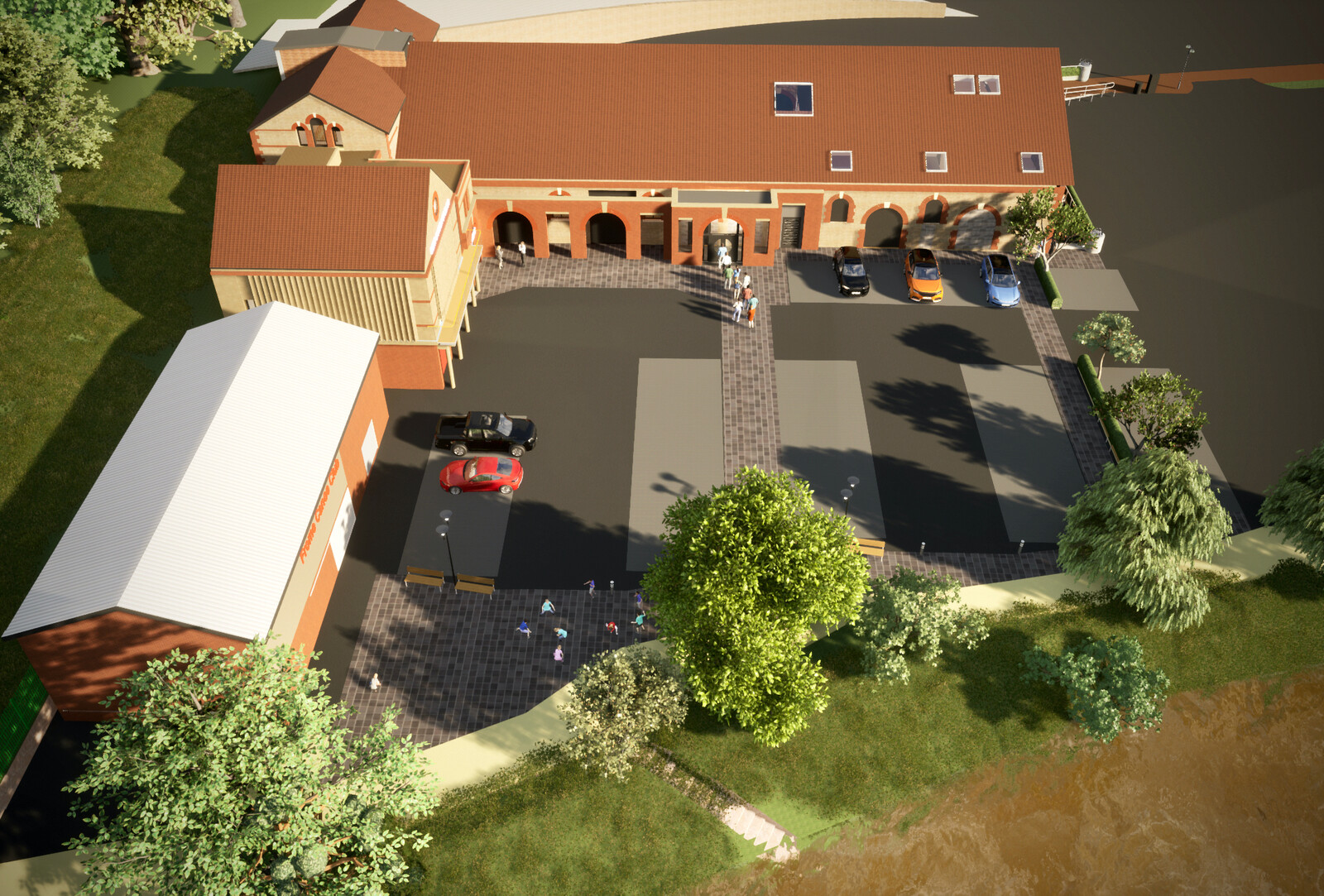 Illustration showing car park area and new events entrance from above. There is a pathway leading to the new entrance for people to queue safely